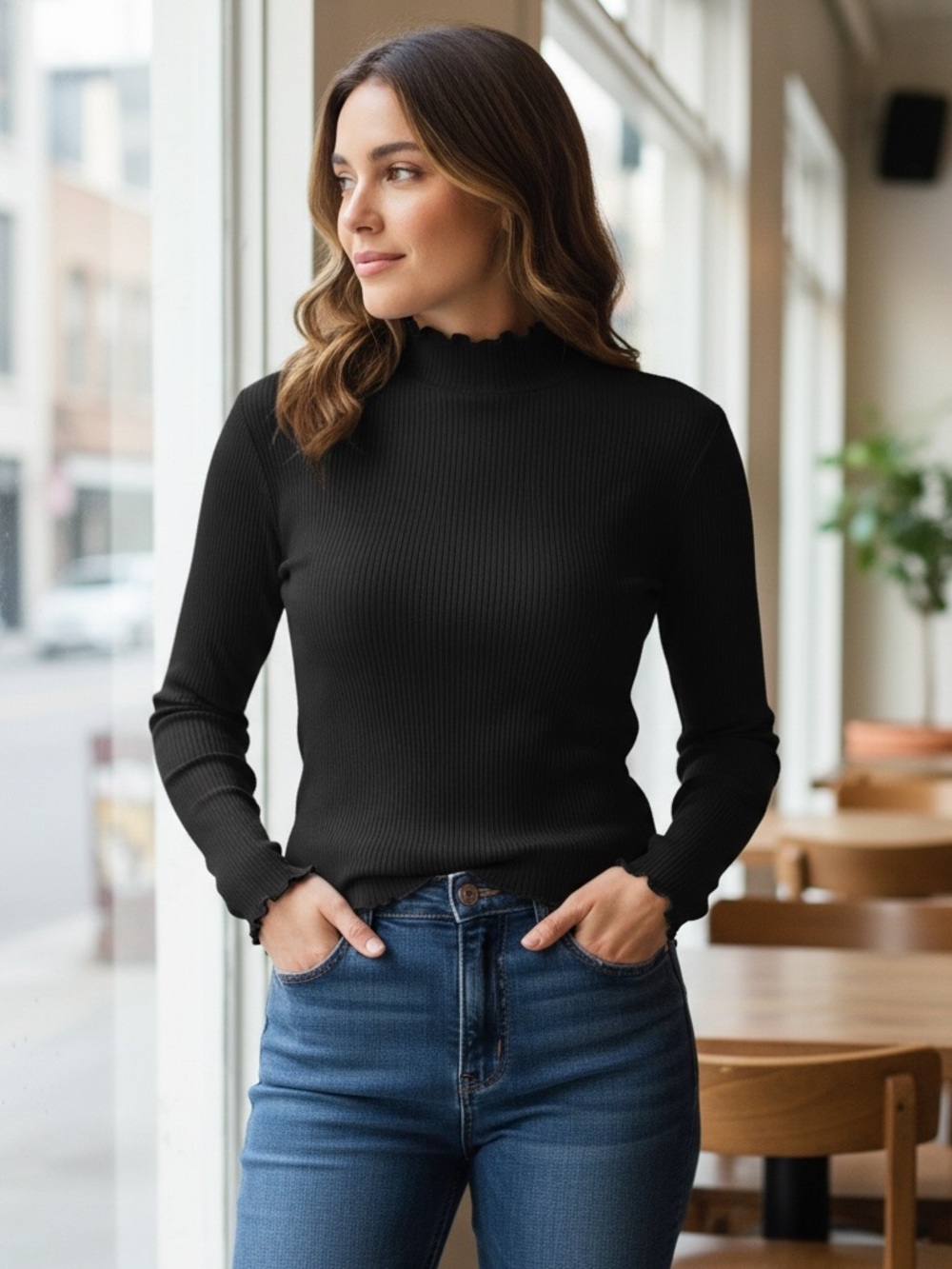 Black Ribbed Mock-Neck Long Sleeve Top with Lettuce Trim